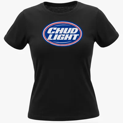 Bold text logo of CHUD LIGHT in blue, white, and red colors — printed on a women's shirt