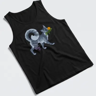 Colorful illustration of a gray and white cat with a marigold flower — printed on a tank top