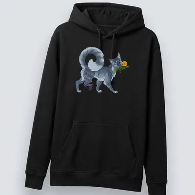Colorful illustration of a gray and white cat with a marigold flower — printed on a unisex hoodie