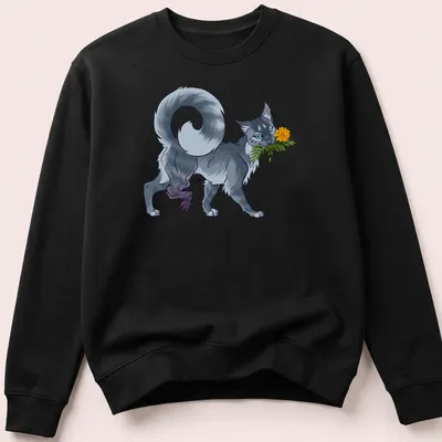 Colorful illustration of a gray and white cat with a marigold flower — printed on a unisex sweatshirt