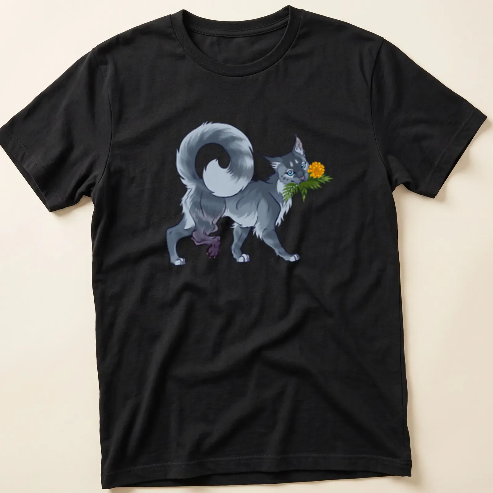 Colorful illustration of a gray and white cat with a marigold flower — printed on a unisex t-shirt
