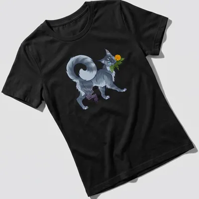 Colorful illustration of a gray and white cat with a marigold flower — printed on a women's shirt
