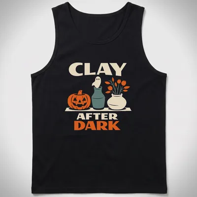Retro design of a pumpkin and ghost with the text Clay After Dark for Halloween — printed on a tank top