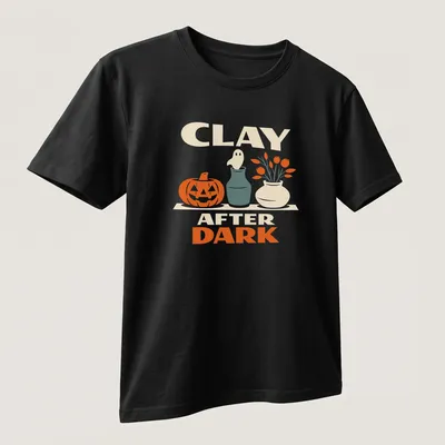 Retro design of a pumpkin and ghost with the text Clay After Dark for Halloween — printed on a unisex t-shirt (angled view)