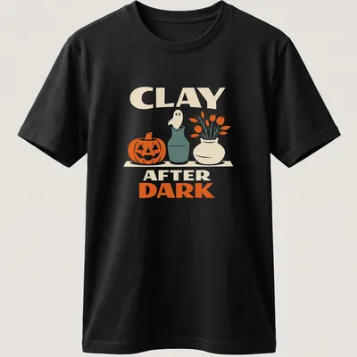 Retro design of a pumpkin and ghost with the text Clay After Dark for Halloween