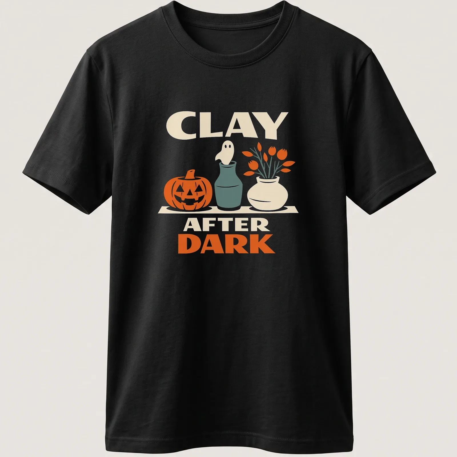 Retro design of a pumpkin and ghost with the text Clay After Dark for Halloween — printed on a unisex t-shirt