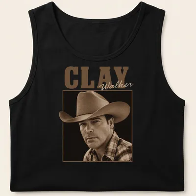 Vintage sepia Clay Walker t-shirt with earthy tones and music theme — printed on a tank top