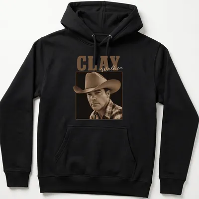 Vintage sepia Clay Walker t-shirt with earthy tones and music theme — printed on a unisex hoodie