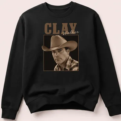 Vintage sepia Clay Walker t-shirt with earthy tones and music theme — printed on a unisex sweatshirt