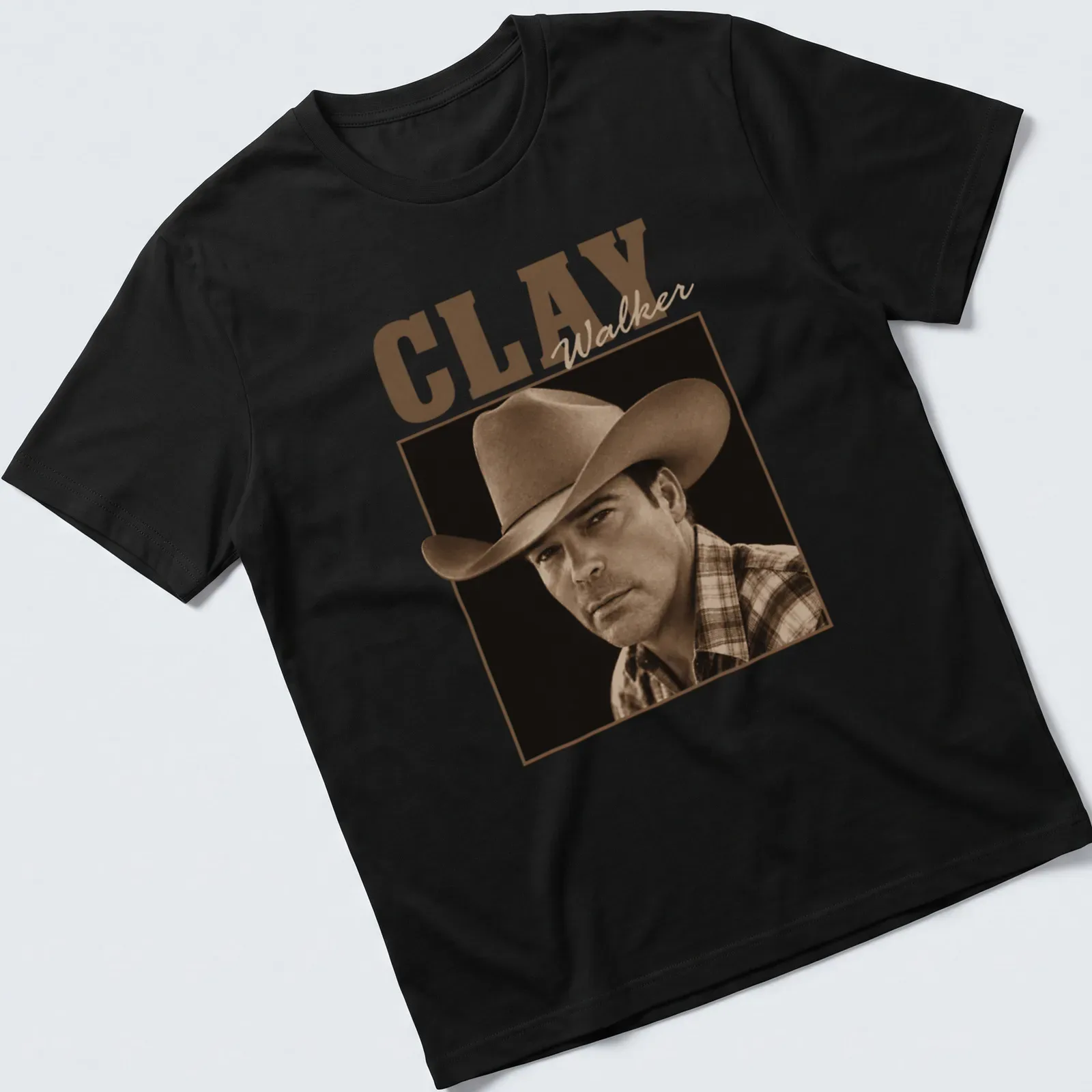 Vintage sepia Clay Walker t-shirt with earthy tones and music theme — printed on a unisex t-shirt