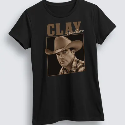 Vintage sepia Clay Walker t-shirt with earthy tones and music theme — printed on a women's shirt