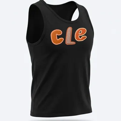 Embroidered patchwork t-shirt featuring "CLE" in orange and brown. — printed on a tank top