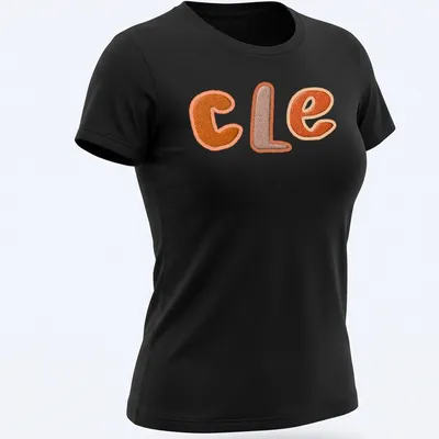 Embroidered patchwork t-shirt featuring "CLE" in orange and brown. — printed on a women's shirt