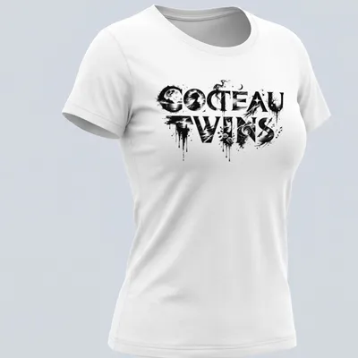 Artistic abstract design featuring 'COCTEAU TWINS' in black, white, and gray — printed on a women's shirt