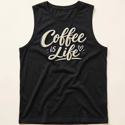 Retro vintage typography t-shirt with 'Coffee is Life' in cream, black, and gold — printed on a tank top