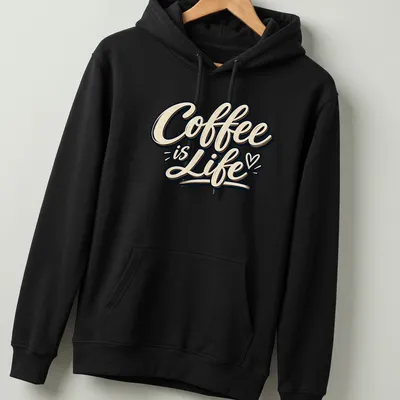 Retro vintage typography t-shirt with 'Coffee is Life' in cream, black, and gold — printed on a unisex hoodie