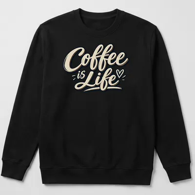 Retro vintage typography t-shirt with 'Coffee is Life' in cream, black, and gold — printed on a unisex sweatshirt