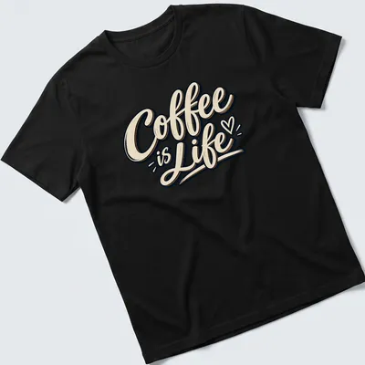 Retro vintage typography t-shirt with 'Coffee is Life' in cream, black, and gold