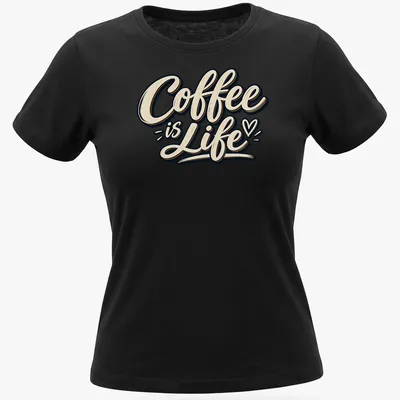Retro vintage typography t-shirt with 'Coffee is Life' in cream, black, and gold — printed on a women's shirt