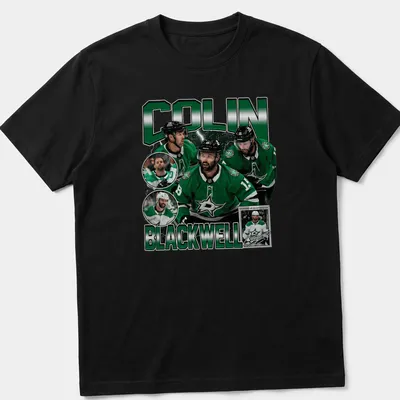Retro-style T-shirt featuring Colin Blackwell, a vintage hockey player graphic in green and black.