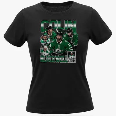 Retro-style T-shirt featuring Colin Blackwell, a vintage hockey player graphic in green and black. — printed on a women's shirt