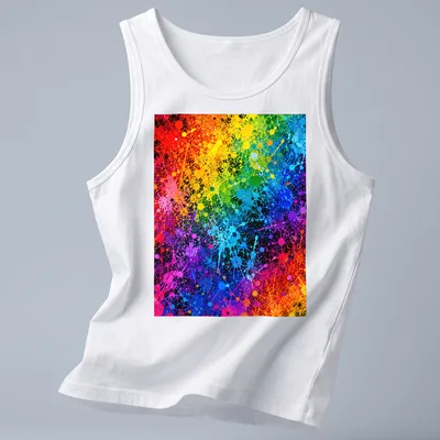 Abstract splatter paint graphic in vibrant colors of red, orange, yellow, green, blue, and purple. — printed on a tank top
