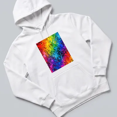 Abstract splatter paint graphic in vibrant colors of red, orange, yellow, green, blue, and purple. — printed on a unisex hoodie