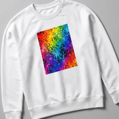 Abstract splatter paint graphic in vibrant colors of red, orange, yellow, green, blue, and purple. — printed on a unisex sweatshirt