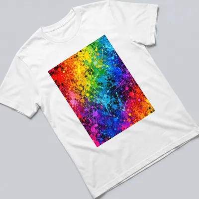 Abstract splatter paint graphic in vibrant colors of red, orange, yellow, green, blue, and purple.