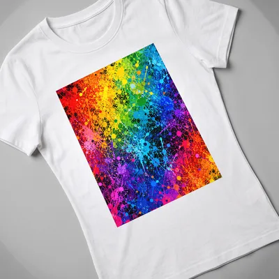 Abstract splatter paint graphic in vibrant colors of red, orange, yellow, green, blue, and purple. — printed on a women's shirt