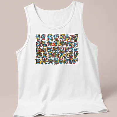 Colorful graffiti design featuring abstract characters and symbols with text Comedy Queue #2 Tim Ferguson AWT. — printed on a tank top