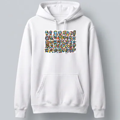 Colorful graffiti design featuring abstract characters and symbols with text Comedy Queue #2 Tim Ferguson AWT. — printed on a unisex hoodie