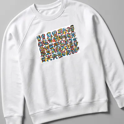 Colorful graffiti design featuring abstract characters and symbols with text Comedy Queue #2 Tim Ferguson AWT. — printed on a unisex sweatshirt