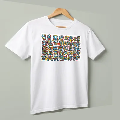 Colorful graffiti design featuring abstract characters and symbols with text Comedy Queue #2 Tim Ferguson AWT. — printed on a unisex t-shirt (angled view)