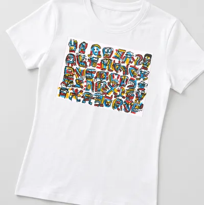 Colorful graffiti design featuring abstract characters and symbols with text Comedy Queue #2 Tim Ferguson AWT. — printed on a women's shirt
