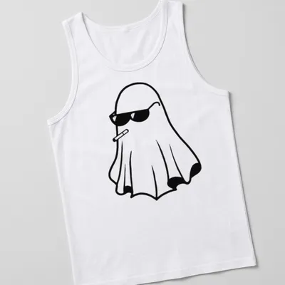 Kawaii line-art ghost with sunglasses and cigarette in black and white — printed on a tank top