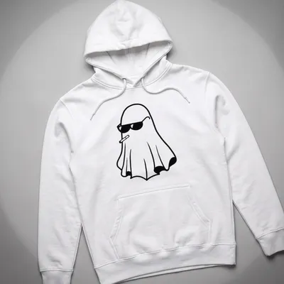 Kawaii line-art ghost with sunglasses and cigarette in black and white — printed on a unisex hoodie