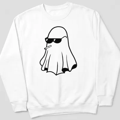 Kawaii line-art ghost with sunglasses and cigarette in black and white — printed on a unisex sweatshirt