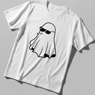 Kawaii line-art ghost with sunglasses and cigarette in black and white