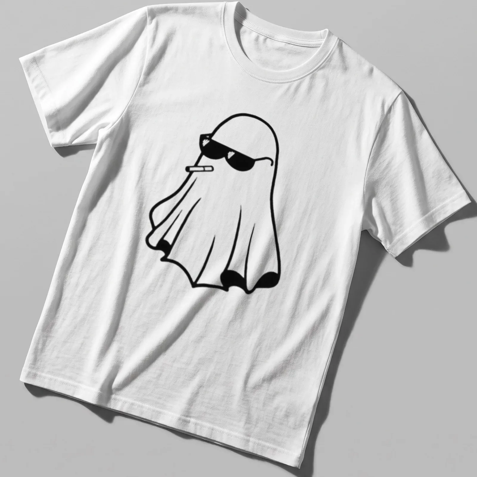 Kawaii line-art ghost with sunglasses and cigarette in black and white — printed on a unisex t-shirt