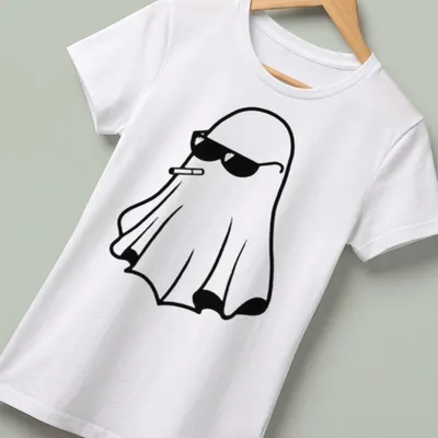 Kawaii line-art ghost with sunglasses and cigarette in black and white — printed on a women's shirt