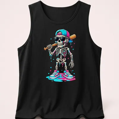 Colorful cartoon skeleton with sunglasses and bat in pink, blue, and black — printed on a tank top