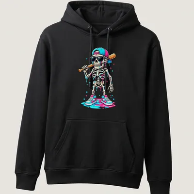 Colorful cartoon skeleton with sunglasses and bat in pink, blue, and black — printed on a unisex hoodie