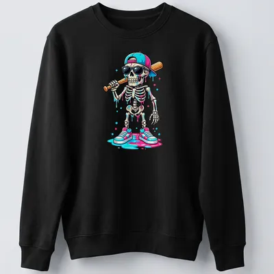 Colorful cartoon skeleton with sunglasses and bat in pink, blue, and black — printed on a unisex sweatshirt