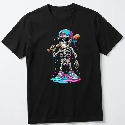 Colorful cartoon skeleton with sunglasses and bat in pink, blue, and black — printed on a unisex t-shirt