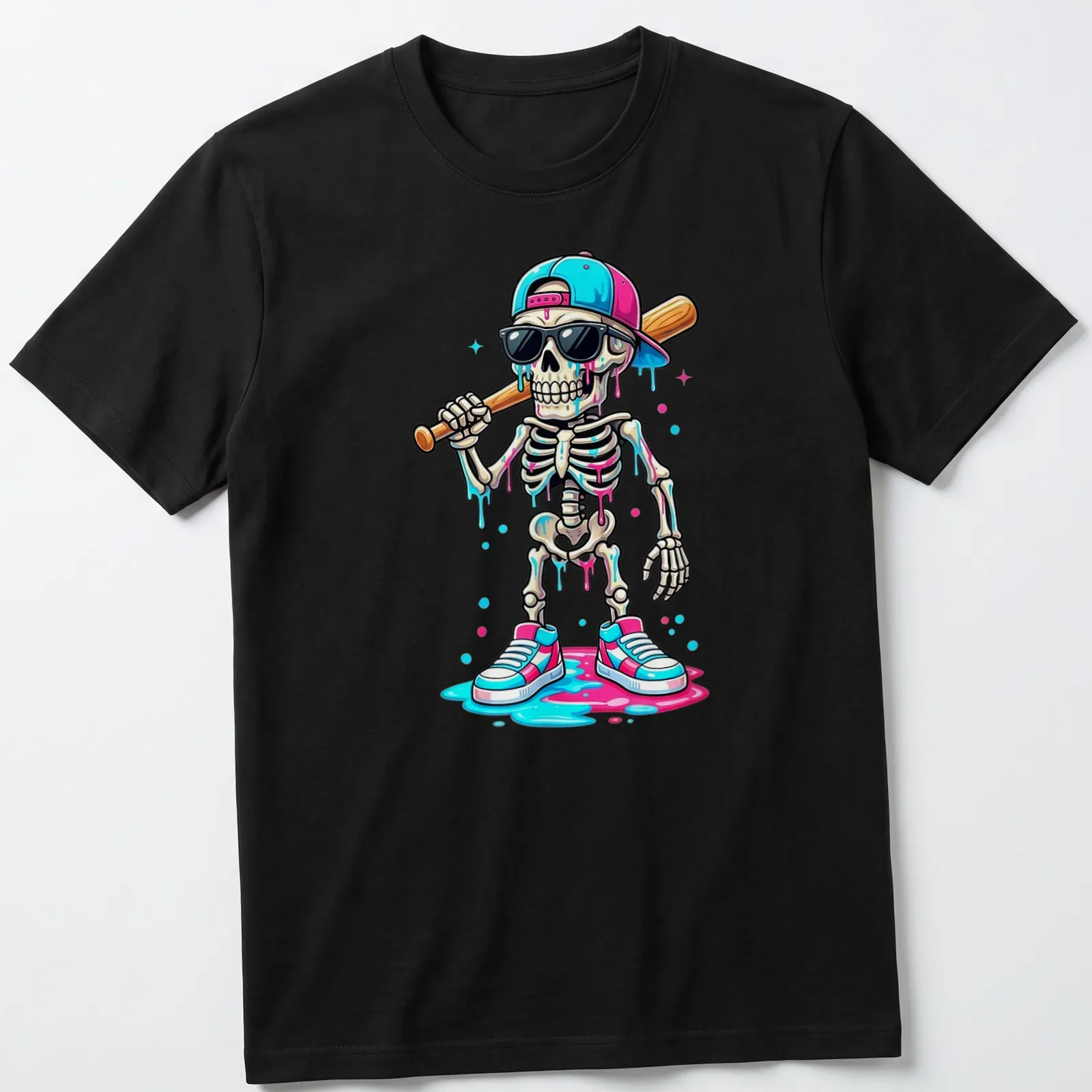 Colorful cartoon skeleton with sunglasses and bat in pink, blue, and black — printed on a unisex t-shirt