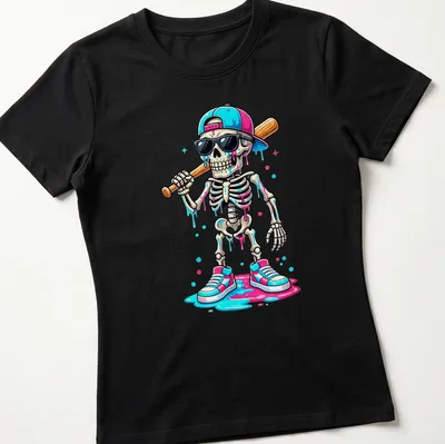 Colorful cartoon skeleton with sunglasses and bat in pink, blue, and black — printed on a women's shirt