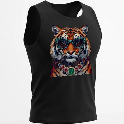Realistic print of a cool tiger wearing sunglasses and jewelry in colorful hues — printed on a tank top