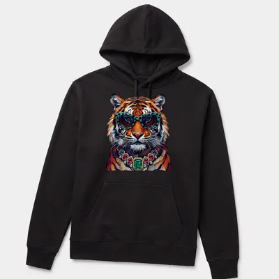 Realistic print of a cool tiger wearing sunglasses and jewelry in colorful hues — printed on a unisex hoodie