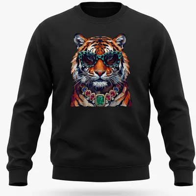 Realistic print of a cool tiger wearing sunglasses and jewelry in colorful hues — printed on a unisex sweatshirt